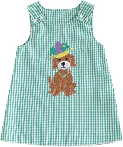 Toddler Baby Girl Mardi Gras Outfit Plaid Dog Embroidered Dress Sleeveless Tank Dresses Casual Summer Spring Clothes in Saudi Arabia