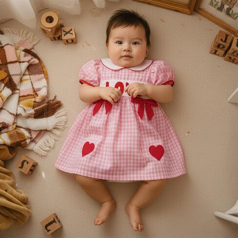 Baby Girl Clothes Toddler Valentines Day Dress Heart Bow Short Sleeve Smocked Dress Princess Dress Spring Outfit in Saudi Arabia
