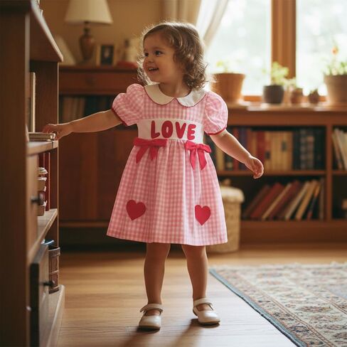 Baby Girl Clothes Toddler Valentines Day Dress Heart Bow Short Sleeve Smocked Dress Princess Dress Spring Outfit in Saudi Arabia