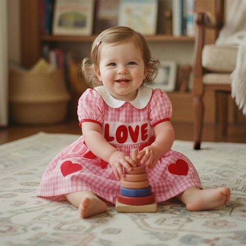 Baby Girl Clothes Toddler Valentines Day Dress Heart Bow Short Sleeve Smocked Dress Princess Dress Spring Outfit in Saudi Arabia