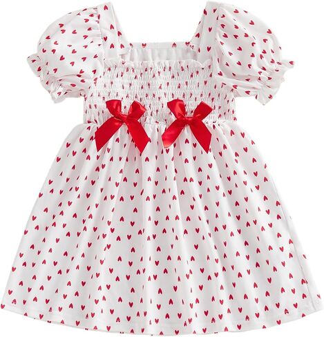 Baby Girl Clothes Toddler Valentines Day Dress Heart Bow Short Sleeve Smocked Dress Princess Dress Spring Outfit in Saudi Arabia