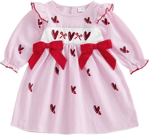 Baby Girl Clothes Toddler Valentines Day Dress Heart Bow Short Sleeve Smocked Dress Princess Dress Spring Outfit in Saudi Arabia
