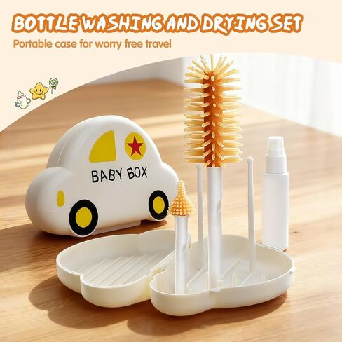 7-in-1 Baby Bottle Brush Set with Silicone Nipple & Straw Brushes, Soap Dispenser, Foldable Drying Rack, Portable Case – for Home & Travel in Saudi Arabia