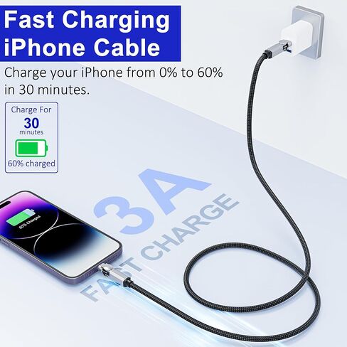 كابل USB-C إلى Lightning 90 درجة بطول 6.6 أقدام - موصل دوار مزدوج 180 درجة، شحن سريع 3A ومزامنة بيانات 480 ميجابت في الثانية، شاحن iPhone معتمد من MFi لـ CarPlay، iPhone 14/13/12/11/X، iPad، AirPods in Kuwait