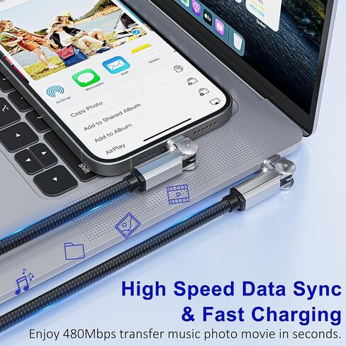 كابل USB-C إلى Lightning 90 درجة بطول 6.6 أقدام - موصل دوار مزدوج 180 درجة، شحن سريع 3A ومزامنة بيانات 480 ميجابت في الثانية، شاحن iPhone معتمد من MFi لـ CarPlay، iPhone 14/13/12/11/X، iPad، AirPods in Kuwait