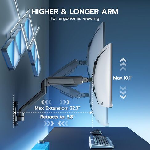 ARES WING Single Monitor Wall Mount for 17-40 Inch Ultrawide Screens, Heavy Duty Monitor Arm Up to 26.4 lbs, Fully Adjustable Wall Mount, VESA 75x75/100x100 Compatible, Black in Saudi Arabia
