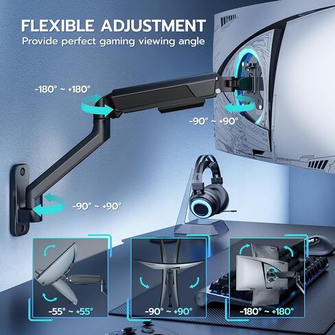 ARES WING Single Monitor Wall Mount for 17-40 Inch Ultrawide Screens, Heavy Duty Monitor Arm Up to 26.4 lbs, Fully Adjustable Wall Mount, VESA 75x75/100x100 Compatible, Black in Saudi Arabia