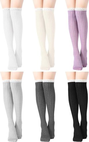 6 Pairs Women Cotton Knit Boot Socks Lace Trim Knee High Stockings Slouch Stacked Scrunch Socks in Saudi Arabia