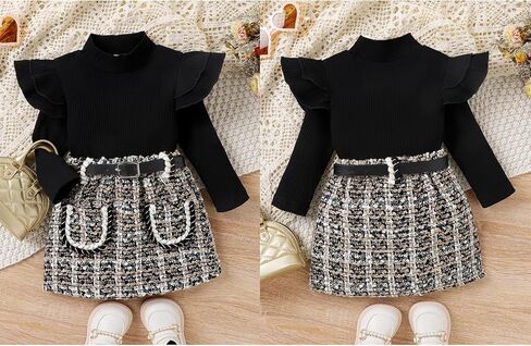 2PCS Infant Baby Girls Ruffles Long Sleeves Turtleneck Sweater + Belted A-line Tweed Plaid Skirt Sets in Saudi Arabia
