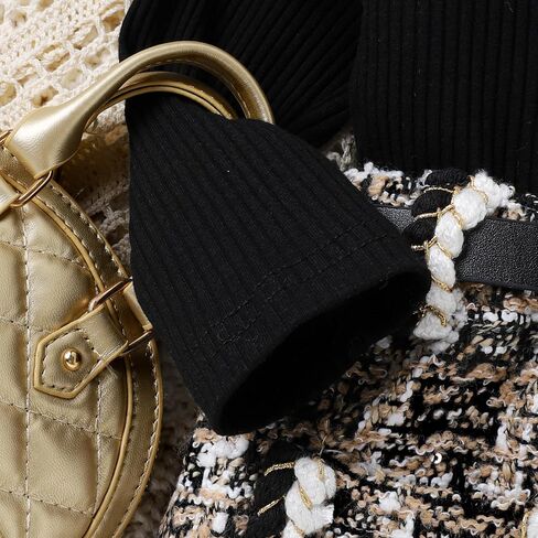 2PCS Infant Baby Girls Ruffles Long Sleeves Turtleneck Sweater + Belted A-line Tweed Plaid Skirt Sets in Saudi Arabia