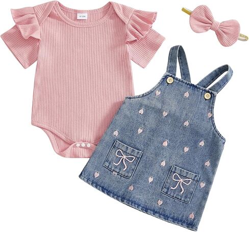 SAYOO My First Valentine Outfit Infant Baby Girl Ribbed Ruffle Romper Bodysuit Heart Embroidery Denim Suspender Skirt Dress in Saudi Arabia