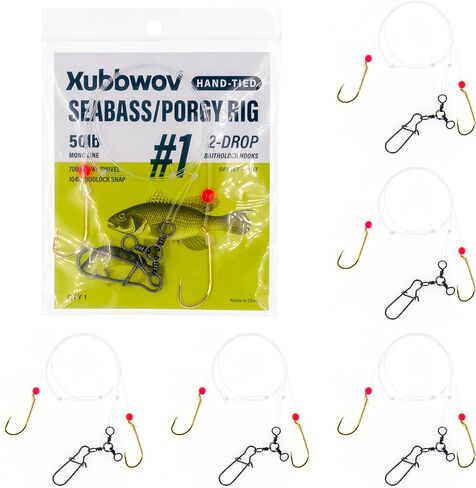 Seabass/Porgy Rig، 6 عبوات من منصات الصيد ذات القطرات المزدوجة المربوطة يدويًا من المياه المالحة، قائد أحادي 50 رطل أو 40 رطل، #1#2#4 خطافات بايتهولدر ذهبية مع دوارة ثلاثية الاتجاهات لغطاء فلوك سنابر in Kuwait