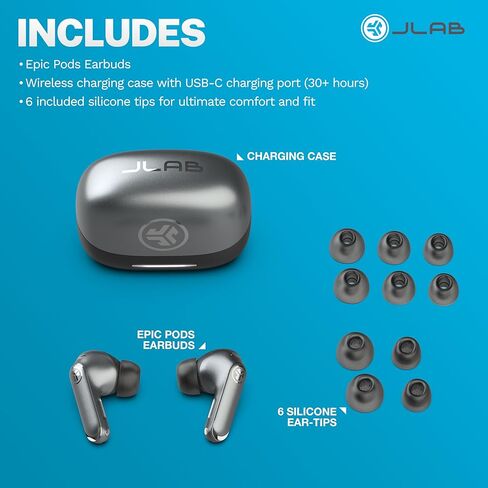 سماعات أذن بلوتوث لاسلكية JLab Epic Pods ANC، نظام تشغيل هجين مزدوج، محرك نولز المتوازن، إلغاء الضوضاء التكيفي، وقت تشغيل يزيد عن 56 ساعة، صوت مخصص عبر التطبيق، شحن لاسلكي، أسود in Kuwait