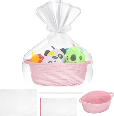 سلة منسوجة صغيرة مع أكياس هدايا وأشرطة، سلال متينة للهدايا الفارغة، سلة من الحبال لتخزين سلال ألعاب الأطفال بمقابض (وردي) in Kuwait