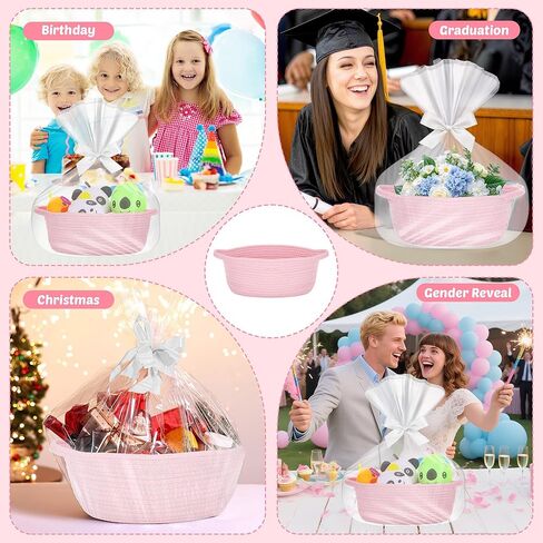 سلة منسوجة صغيرة مع أكياس هدايا وأشرطة، سلال متينة للهدايا الفارغة، سلة من الحبال لتخزين سلال ألعاب الأطفال بمقابض (وردي) in Kuwait