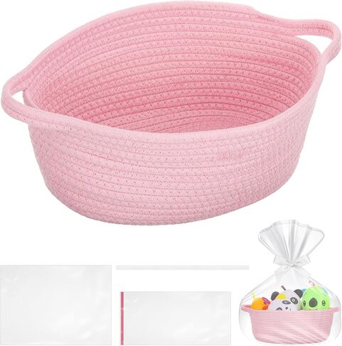 سلة منسوجة صغيرة مع أكياس هدايا وأشرطة، سلال متينة للهدايا الفارغة، سلة من الحبال لتخزين سلال ألعاب الأطفال بمقابض (وردي) in Kuwait
