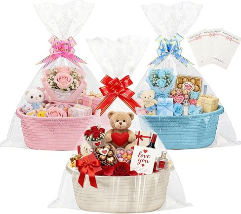 SEISSO 3 Pack Gift Baskets Empty with Gift Bags Ribbon Bows Cards, Small Woven Gift Basket with Handles for Valentine's Day Easter Birthday Baby Shower Christmas Toys, 12"x 8"x 5",White, Pink, Blue in Saudi Arabia