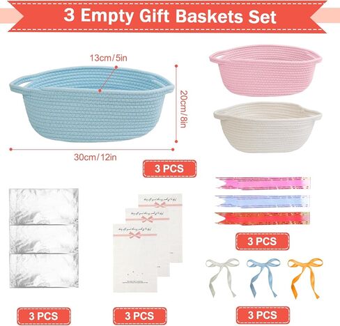 SEISSO 3 Pack Gift Baskets Empty with Gift Bags Ribbon Bows Cards, Small Woven Gift Basket with Handles for Valentine's Day Easter Birthday Baby Shower Christmas Toys, 12"x 8"x 5",White, Pink, Blue in Saudi Arabia