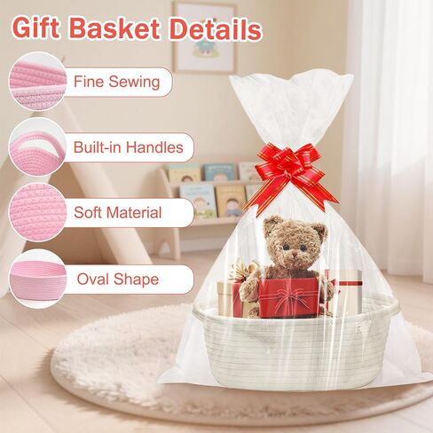 SEISSO 3 Pack Gift Baskets Empty with Gift Bags Ribbon Bows Cards, Small Woven Gift Basket with Handles for Valentine's Day Easter Birthday Baby Shower Christmas Toys, 12"x 8"x 5",White, Pink, Blue in Saudi Arabia