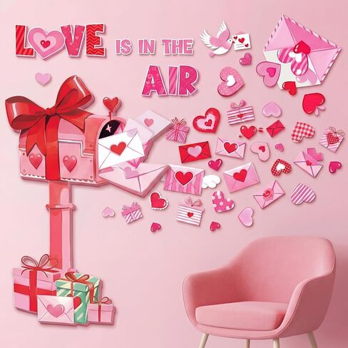 Ctosree 49 Pcs Valentine's Day Wall Stickers Valentine's Day Bulletin Board Decoration Heart Mailbox Letter Wall Decal Red Pink Envelope Cutout for Wedding Anniversary Classroom Home Romantic Decor in Saudi Arabia