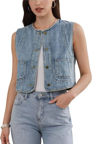Allegra K Denim Vest for Women Sleeveless Crew Neck Button Down Western Jean Waistcoat Jacket in Saudi Arabia