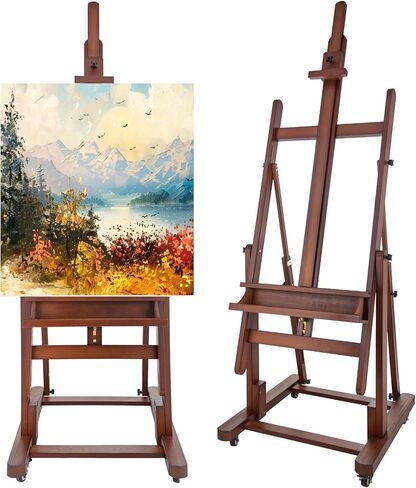 Falling in Art Extra Large H-Frame Studio Easel, Solid Beechwood Artist Easel with Storage Tray, Adjustable Canvas Holder Stand with Rolling Wheels for Painting Adult in Saudi Arabia