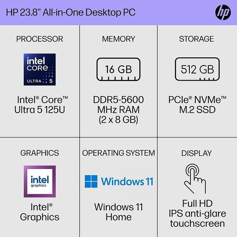 Hewlett Packard HP 24-inch Touch Screen All-in-One Desktop PC, FHD Display, Intel Core Ultra 5 125U, 16GB RAM, 512GB SSD, Intel Graphics, Windows 11 Home (Renewed) in Kuwait