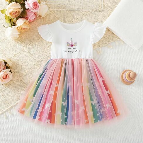 Girls Rainbow Tulle Dress Flutter-Sleeve Lightweight Layered Lined for Birthday Party Princess Outfits in Saudi Arabia