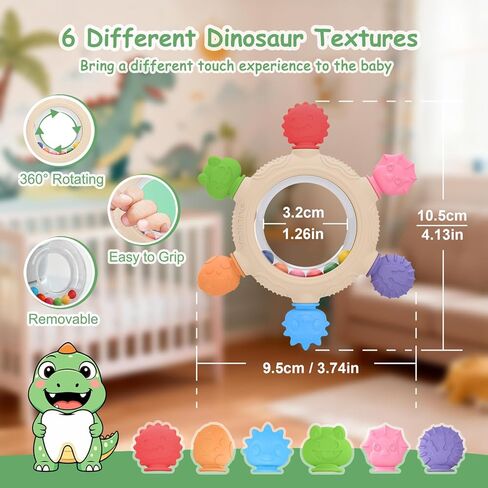 Baby Teething Ring Toys [Original] - Silicone Rattle Teethers for Babies, Dinosaur Baby Teether Chew Toys Teething Relief, Stuff Essentials and Gifts for Toddler Infant Boys Girls 3+ Months in Saudi Arabia