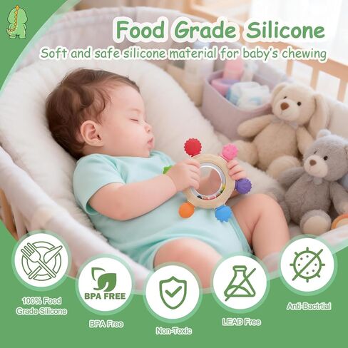 Baby Teething Ring Toys [Original] - Silicone Rattle Teethers for Babies, Dinosaur Baby Teether Chew Toys Teething Relief, Stuff Essentials and Gifts for Toddler Infant Boys Girls 3+ Months in Saudi Arabia