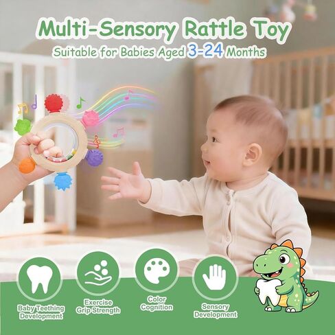 Baby Teething Ring Toys [Original] - Silicone Rattle Teethers for Babies, Dinosaur Baby Teether Chew Toys Teething Relief, Stuff Essentials and Gifts for Toddler Infant Boys Girls 3+ Months in Saudi Arabia
