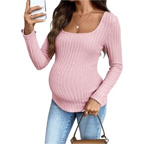 Women's Maternity Ribbed Knit Top Square Neck Long Sleeve T Shirts Fall Tops in Saudi Arabia