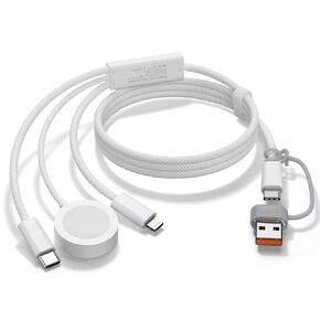 أساسيات السفر لشاحن ساعة Apple، سلك كابل شاحن USB C/Lightning/iWatch متعدد بقدرة 60 وات 3 في 1 لأجهزة iPhone 6-17، وMacBook، وiPad، وSamsung S25-S21، وGoogle Pixel، محمول مصمم لـ iWatch-5FT in Kuwait