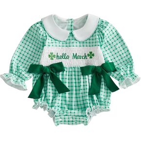 My First Valentines Day Baby Girl Outfit Embroidery Heart Long Sleeve Romper Baby Bows Smocked Outfits Fall Clothes in Kuwait