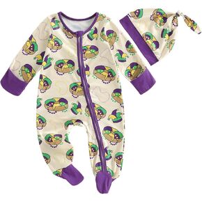 Newborn Baby Boy Mardi Gras Outfit MardiGras Footies Romper Long Sleeve Zipper Footed Jumpsuit Hat Spring Clothes in Kuwait