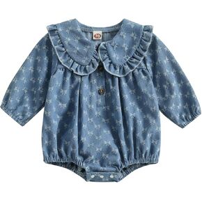 Baby Girl Denim Romper Long Sleeve Ruffles Doll Collar Button Bodysuit Bow Embroidery Bubble Shirt Jumpsuit in Kuwait