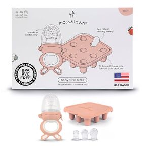 مجموعة اللدغات الأولى للأطفال من موس آند فاون - مجموعة مصاصات حليب الثدي المجمدة من السيليكون مع وحدة تغذية العلف وصينية مكعبات الثلج المصاصة للتسنين - خالية من البيسفينول وبولي فينيل كلوريد والرصاص - بلوم in Kuwait