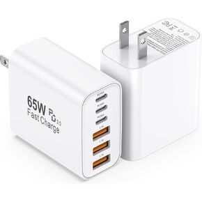 كتلة شاحن USB C، 2 حزمة 65 وات 6 منافذ USB C شاحن حائط، 6 في 1 شاحن iPhone شحن سريع PD+QC محول طاقة متعدد المنافذ من النوع C لشواحن الطوب iPhone 17/16/15/14/13/12/Pro Max/XS/Samsung in Kuwait