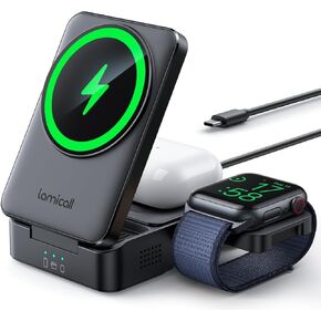 محطة شحن لاسلكية مدمجة 3 في 1 من Lamicall لأجهزة Apple Magsafe، [تبريد آمن] حامل شاحن مغناطيسي قابل للطي للسفر لهواتف iPhone 17 16 15 14 13 12 Series، Airpods Pro، Apple Watch Ultra in Saudi Arabia