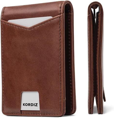 محفظة KORDIZ RFID بلوك رفيعة ثنائية الطي للرجال - محفظة جيب أمامية من جلد كريزي هورس المحبب بالكامل مع مشبك نقود ونافذة لبطاقة الهوية وتصميم بسيط - بني ريفي in Kuwait