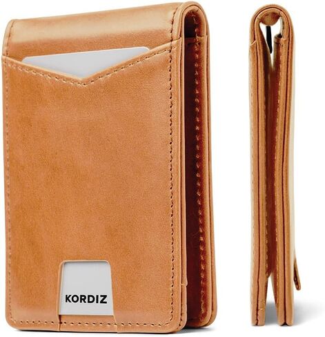 محفظة KORDIZ RFID بلوك رفيعة ثنائية الطي للرجال - محفظة جيب أمامية من جلد كريزي هورس المحبب بالكامل مع مشبك نقود ونافذة لبطاقة الهوية وتصميم بسيط - بني ريفي in Kuwait