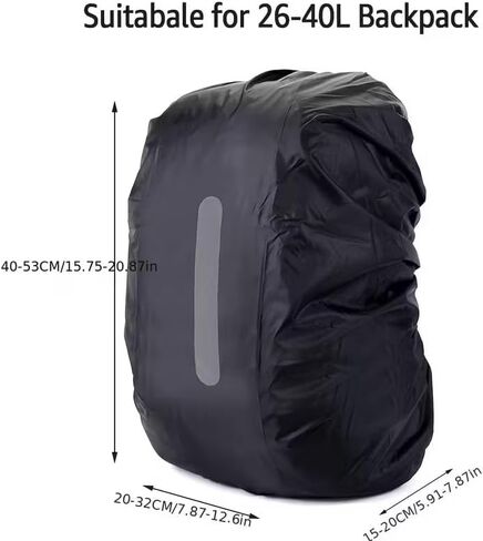 Backpack Cover 26-40L Reflective Dustproof Polyester Raincoat Adjustable Fit for Travel, Camping, Bicycling, Hiking Anti-Theft, Black in Saudi Arabia