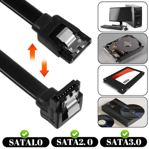2 حزمة كابل Sata III، كابل Sata III الزاوية اليمنى إلى كابلات بيانات Satas سوداء قصيرة مستقيمة Satas CableIII 6 جيجابت في الثانية 90 درجة الزاوية اليمنى مع مزلاج القفل، SataCable 7pin لـ SSD HDD in Kuwait