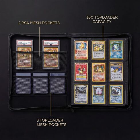 Toploader Binder - يحمل 360 بطاقة - 10 Toploaders + قفازات وملاقط - جيوب شبكية إضافية PSA - بطاقات تداول من 9 جيبات من 9 جيب للرياضة ، MTG ، TCG TOP TOP TRALTING CARDS in Saudi Arabia