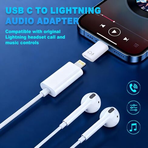قطعتان من محول صوت USB C ذكر إلى أنثى Lightning Earbuds Audio، محول سماعة رأس من النوع C ذكر إلى Lightning Female متوافق مع iPhone 15/16 Series MacBook iPad Pro/Air/Mini والمزيد in Kuwait