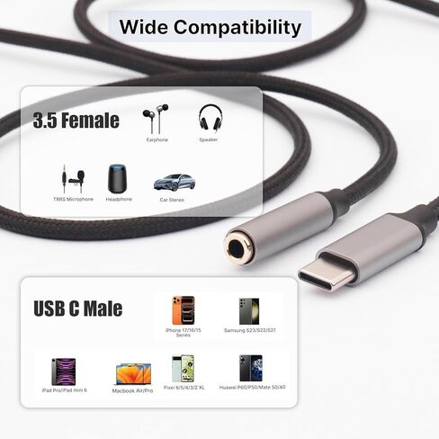 2 Pack 1M USB C to Headphone Jack Adapter,USB-c to 3.5mm Headphone Jack Adapter Cable,Compatible with Phone 17 Pro Max/16/15,Samsung Galaxy S25 Ultra/S24/S23,Pixel,iPad Pro in Saudi Arabia