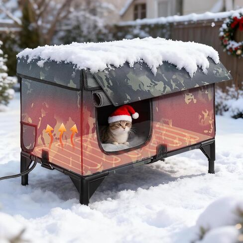 منزل قطة مسخن لملجأ للحيوانات الأليفة في الخارج مع التحكم عن بعد ، قطة وحشية معزولة مع وسادة تسخين ، مقاومة للماء مع طنف مقاوم للمطر (17 "D x 21" W × 17 "H) in Kuwait