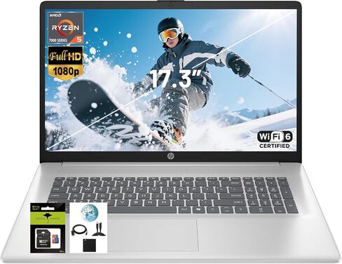 كمبيوتر محمول HP 17.3 بوصة FHD IPS، رباعي النواة AMD Ryzen 5 7520U (Beat i7-1255U) 8 جيجابايت DDR5 RAM 512 جيجابايت SSD، كمبيوتر محمول لطلاب الأعمال مع Copilot AI سريع الشحن كاميرا ويب خاصة Wifi6 Win11، مع ملحق GM in Kuwait