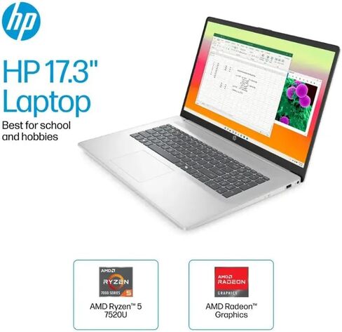 كمبيوتر محمول HP 17.3 بوصة FHD IPS، رباعي النواة AMD Ryzen 5 7520U (Beat i7-1255U) 8 جيجابايت DDR5 RAM 512 جيجابايت SSD، كمبيوتر محمول لطلاب الأعمال مع Copilot AI سريع الشحن كاميرا ويب خاصة Wifi6 Win11، مع ملحق GM in Kuwait
