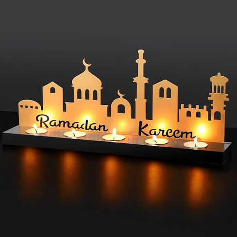 Ramadan Mubarak Decorations Islamic Candle Holder with 5 Tea Candles Eid Mubarak Metal Sign with Wood Base Ramadan Kareem Table Centerpieces Eid Al Fitr Muslim Party Gifts in Kuwait